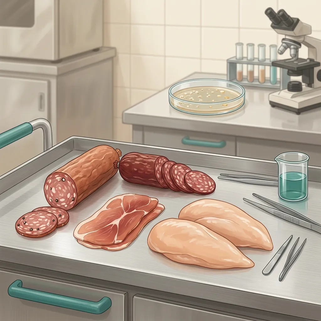 食肉製品 サルモネラの5カテゴリー別規格基準、鶏肉の特殊リスク、陽性時対応を詳細解説。ISO/IEC 17025認定ラボが実務案内。