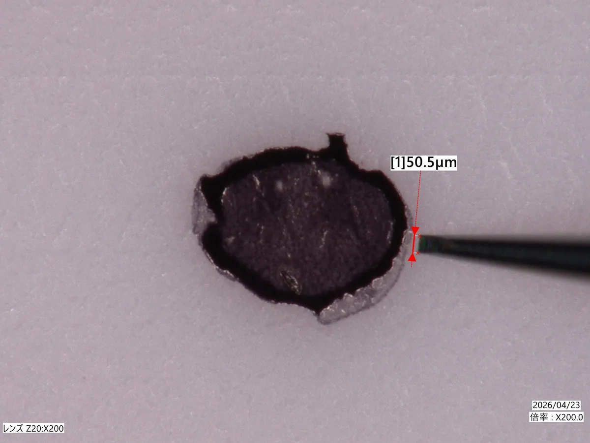 50.5µmの微小異物にプローブでアプローチした顕微鏡写真