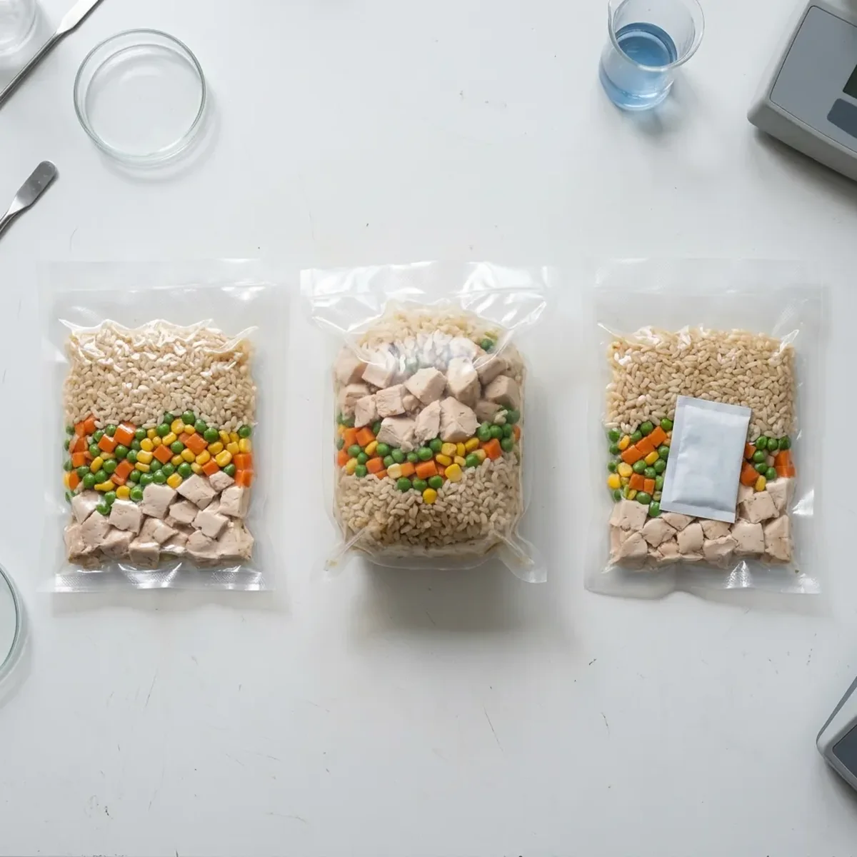 真空パック食品の検査（密着・膨張・脱酸素剤入りの比較）